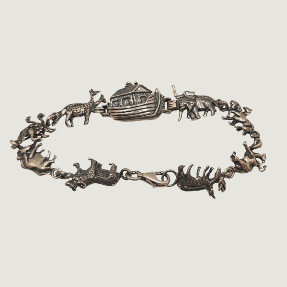 Vintage 925 Sterling Silver Noahs Ark Animal Link Bracelet Storytelling Novelty